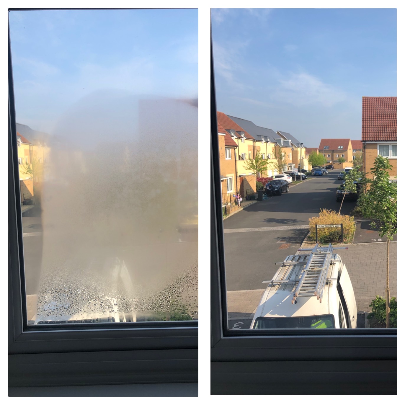 Before and after a misted double-glazed unit replacement, showing the same street view