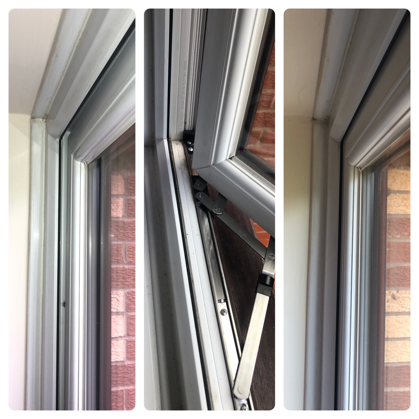 Three-part collage showing window hinge and opening hardware in a residential frame