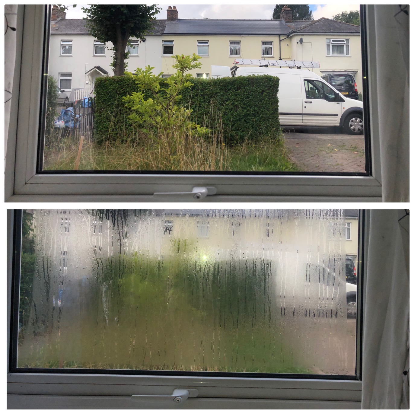 A clear window above and its misted condition below, with a garden and van outside