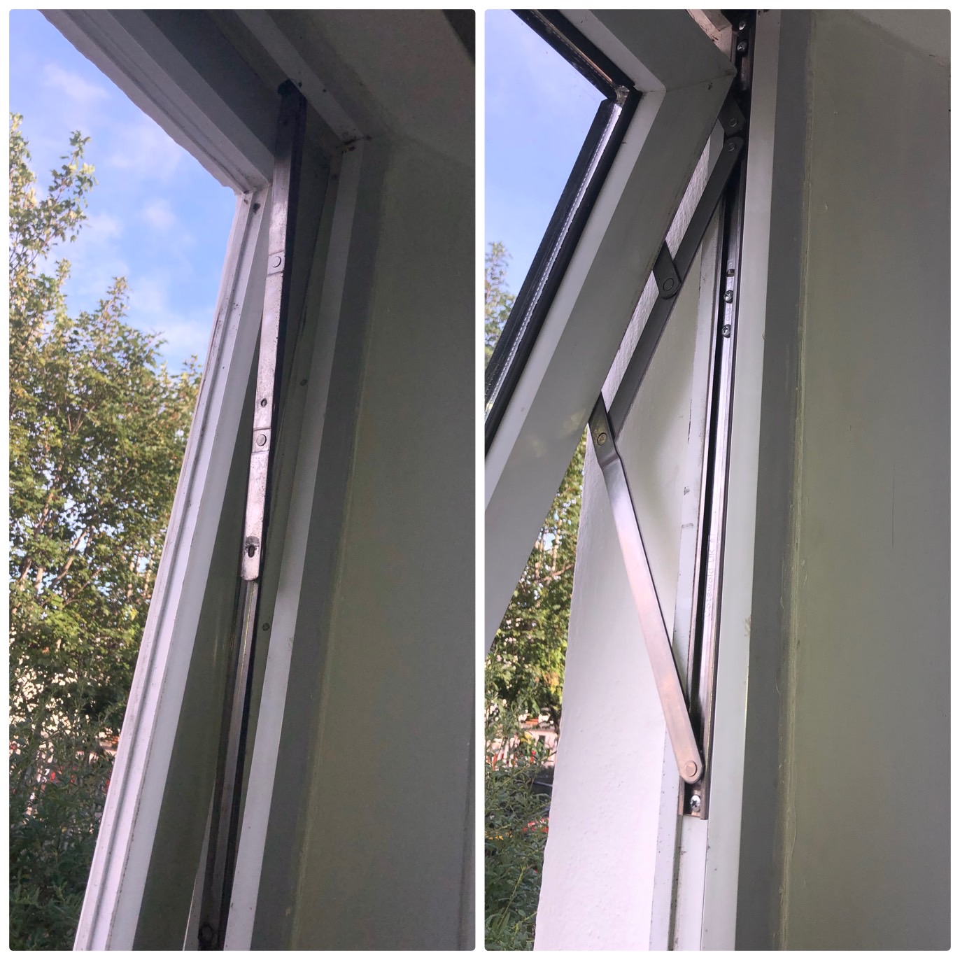 Two close-up views of a uPVC window and its hinge mechanism